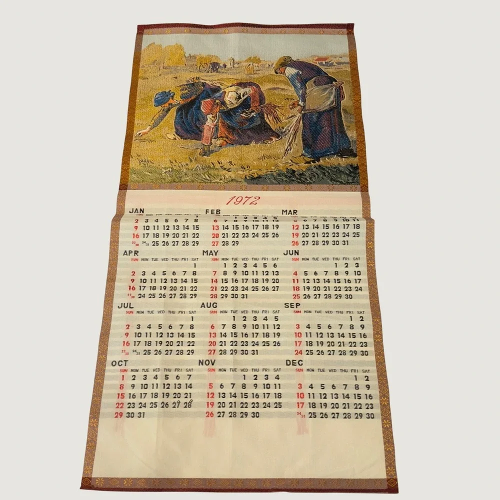 Vintage 1972 Asian Silk Woven Scroll Calendar The Gleaners Tapestry Wall Hanging